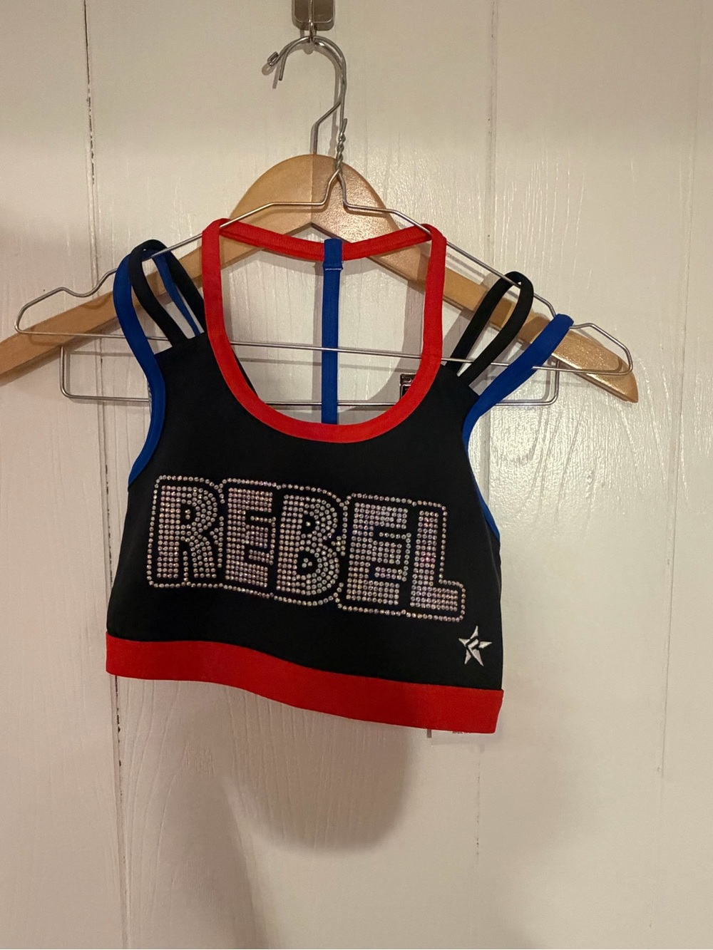 Rebel Rhinestone sports bra - Black with Red & Blue Trim